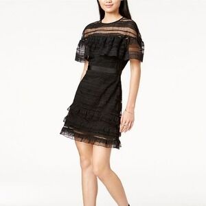 Mare‎ Mare Black Lace Ruffle Tiered Short Sleeve Cocktail Dress Party Womens S/M